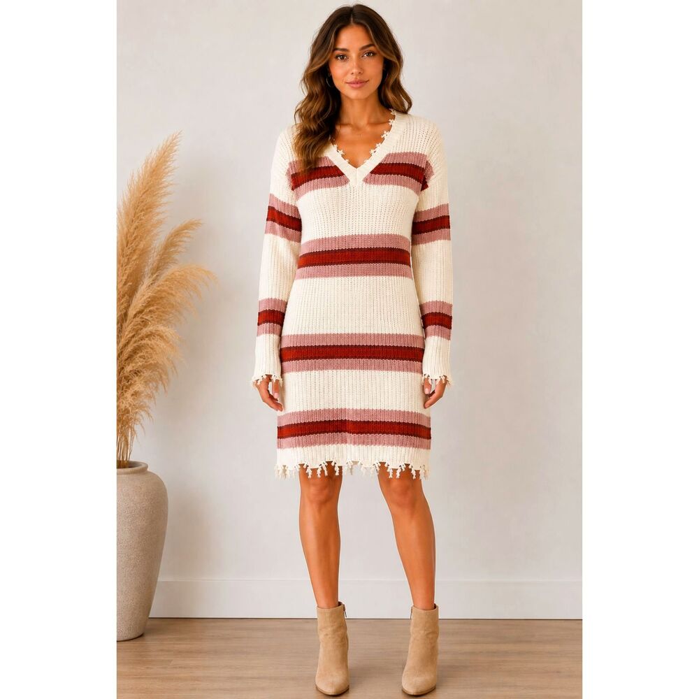 No Comment NY LA Striped Sweater Dress Distressed Boho Size M